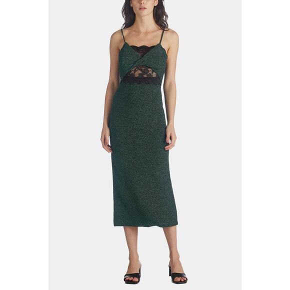 New nwt Current Air XS Green Black Twist Front Lace Inset Sleeveless Midi Dress - Picture 2 of 9